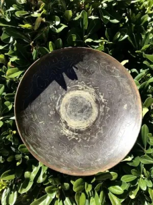 Antique Signed Chinese Primitive Brass Etched Bowl Dish Dragon Motif China