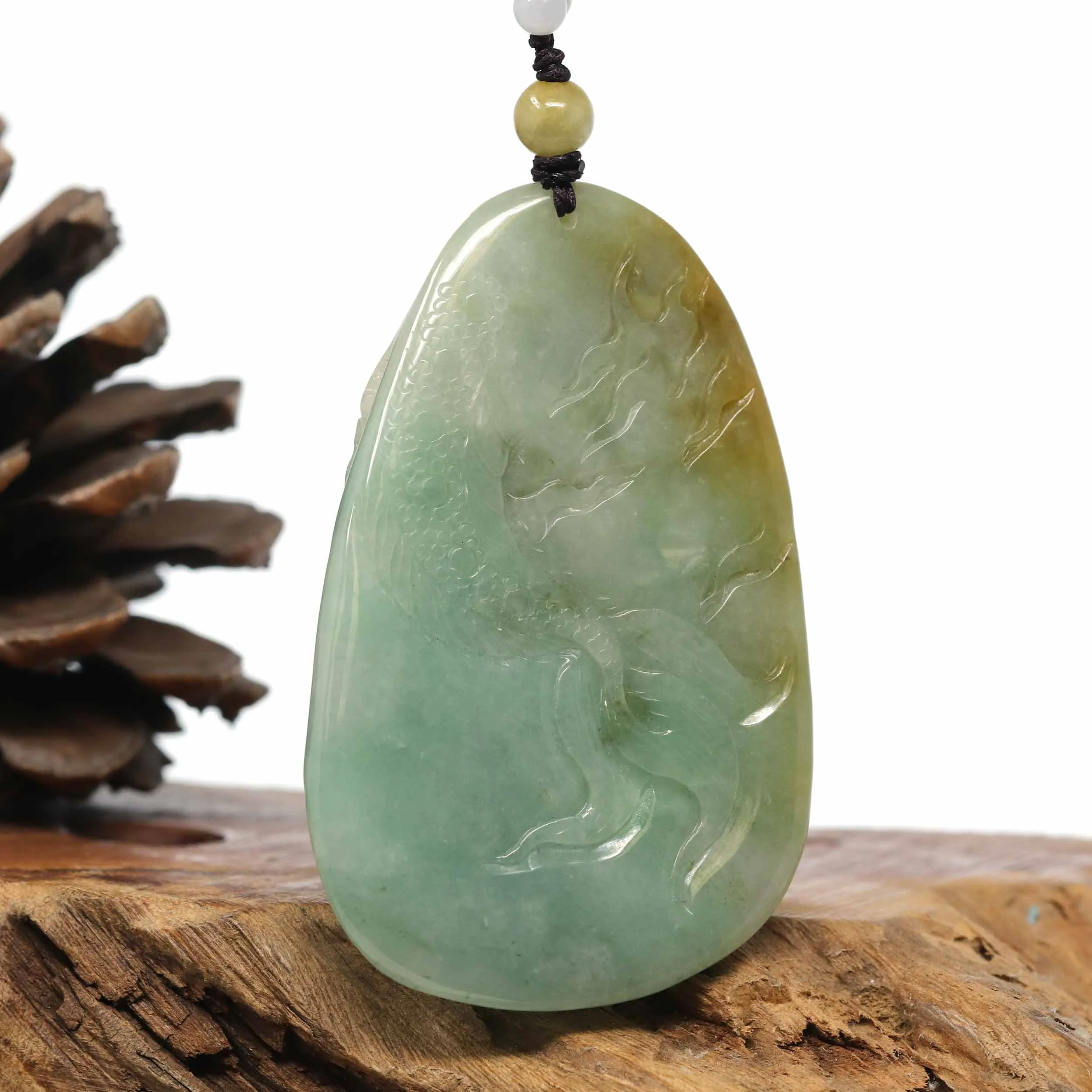 Baikalla "Roaring Dragon" Natural Jadeite Jade Yellow Green Pendant Necklace For Men, Collectibles
