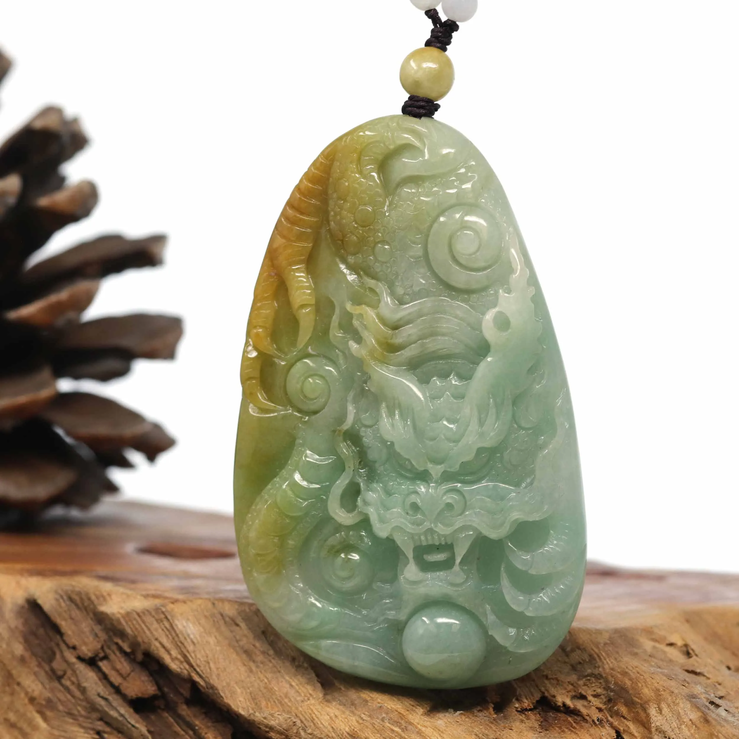 Baikalla "Roaring Dragon" Natural Jadeite Jade Yellow Green Pendant Necklace For Men, Collectibles