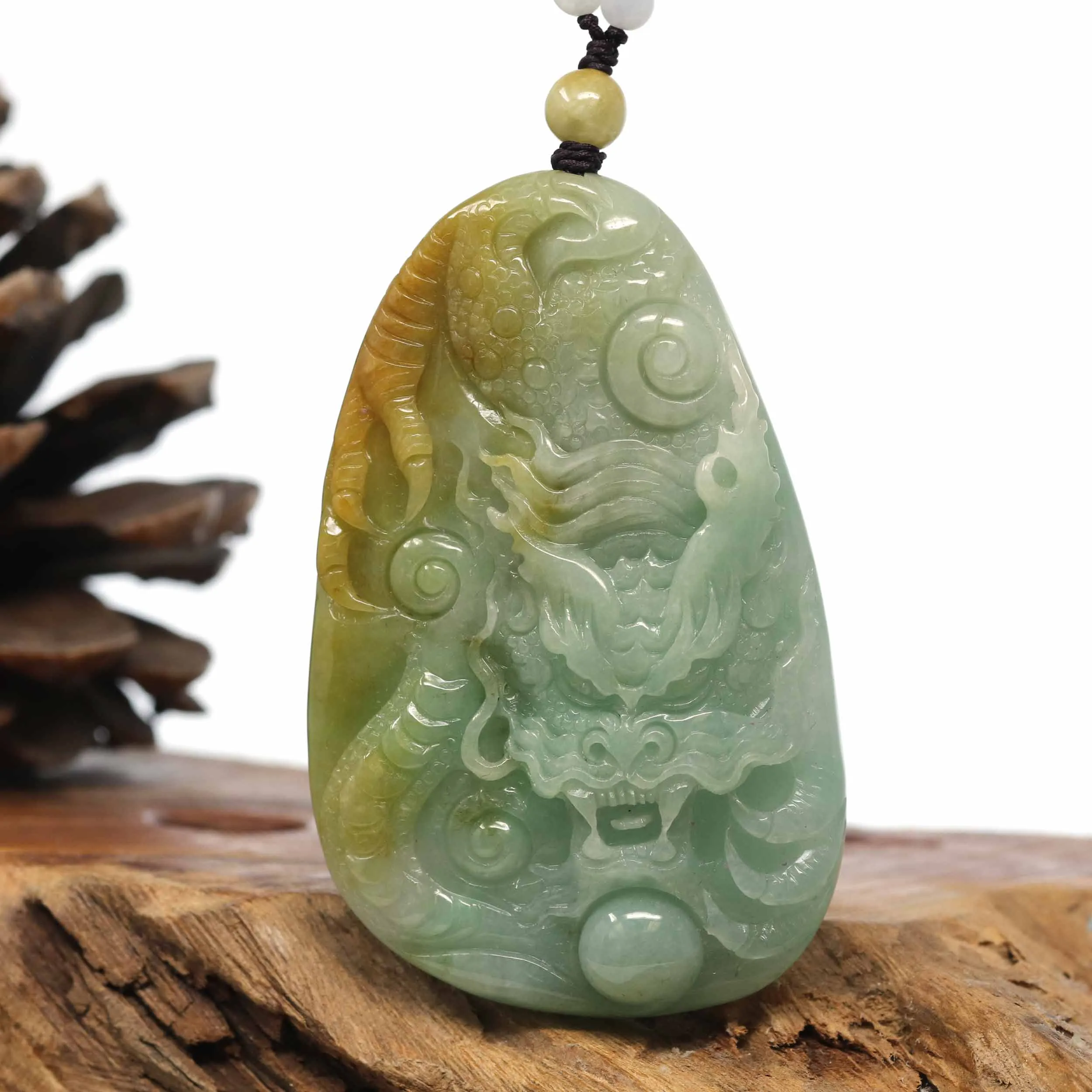 Baikalla "Roaring Dragon" Natural Jadeite Jade Yellow Green Pendant Necklace For Men, Collectibles