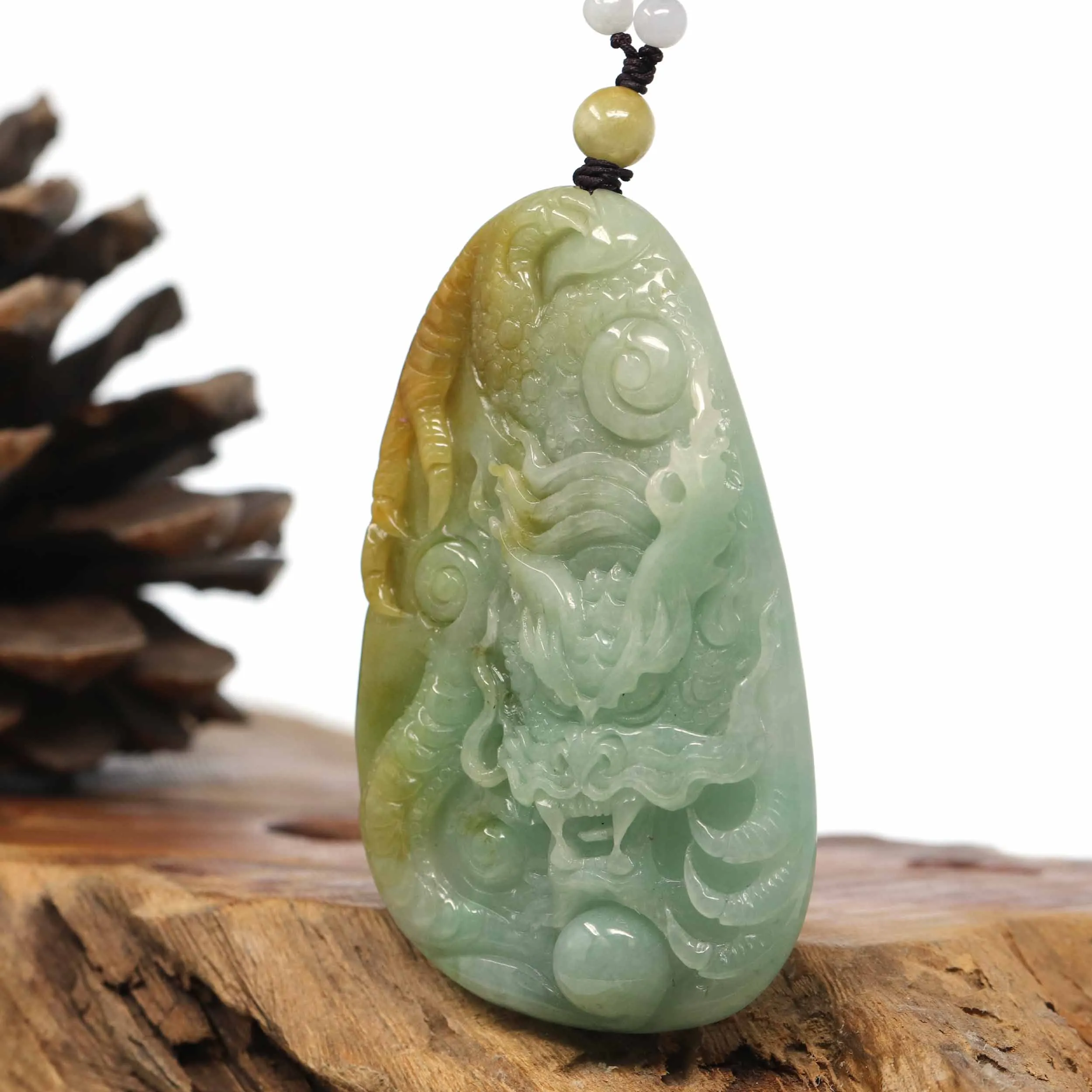 Baikalla "Roaring Dragon" Natural Jadeite Jade Yellow Green Pendant Necklace For Men, Collectibles