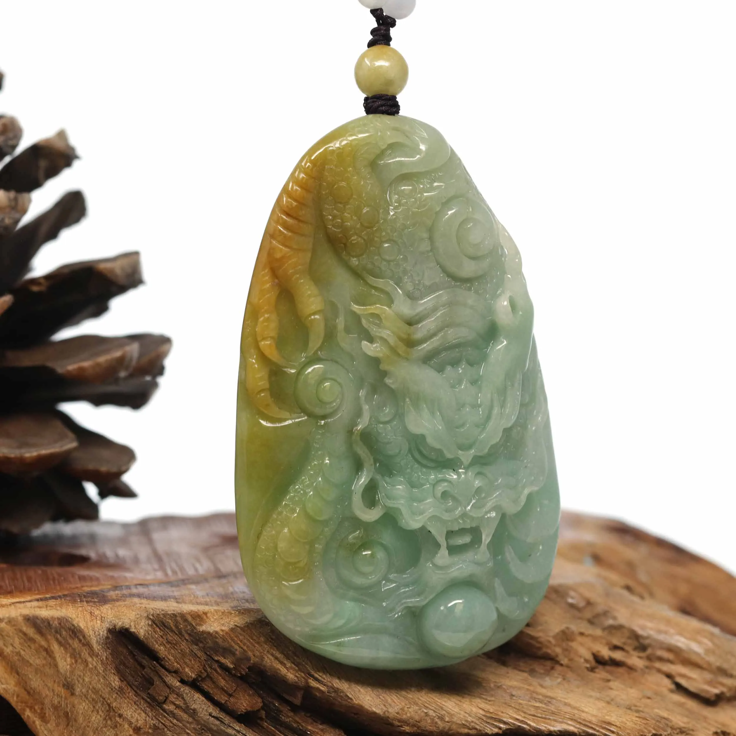 Baikalla "Roaring Dragon" Natural Jadeite Jade Yellow Green Pendant Necklace For Men, Collectibles