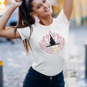 Cute Meditating Cat Witch with Lotus Print Tee for Women, lioness-love