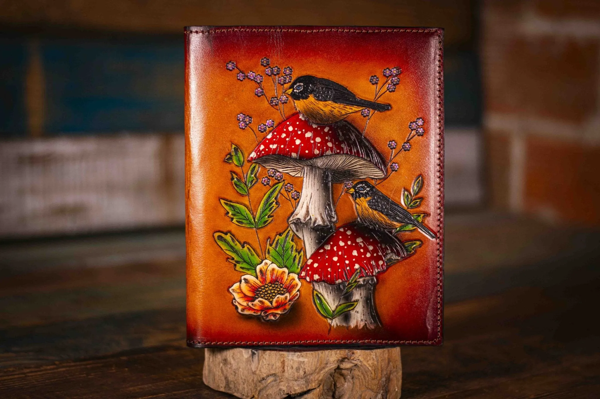 Handcrafted Leather Journal - Amanita Mushrooms and Robin Birds - Brown Background with Unlined Art Paper