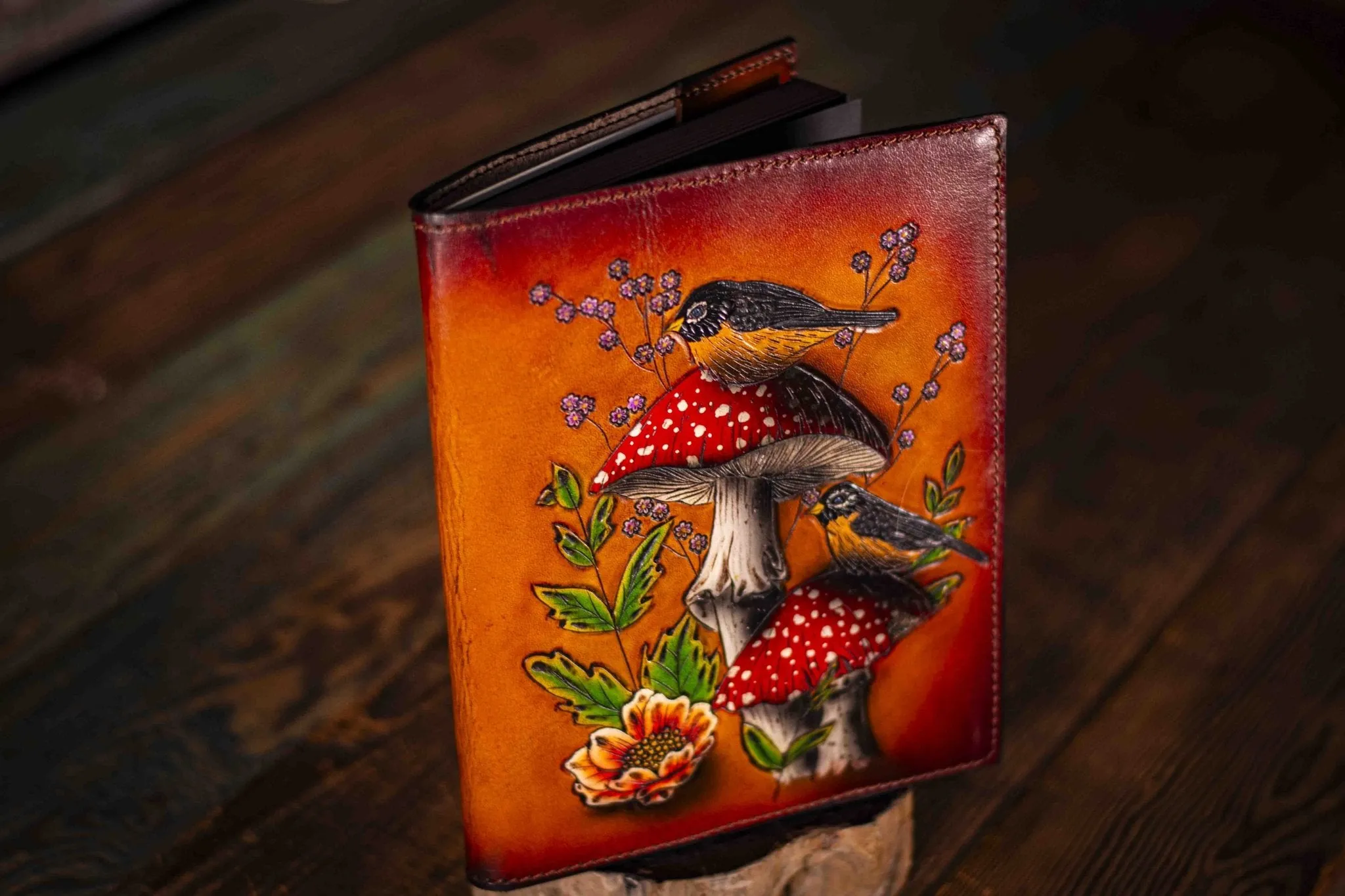 Handcrafted Leather Journal - Amanita Mushrooms and Robin Birds - Brown Background with Unlined Art Paper