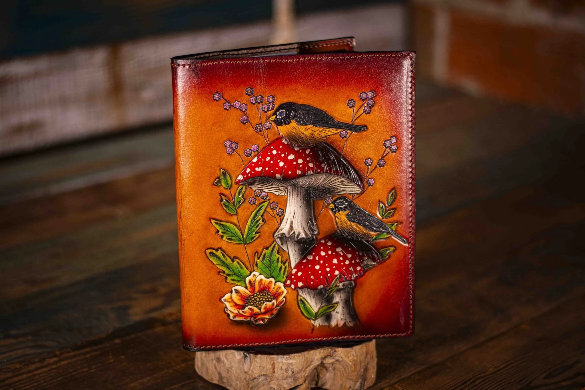 Handcrafted Leather Journal - Amanita Mushrooms and Robin Birds - Brown Background with Unlined Art Paper