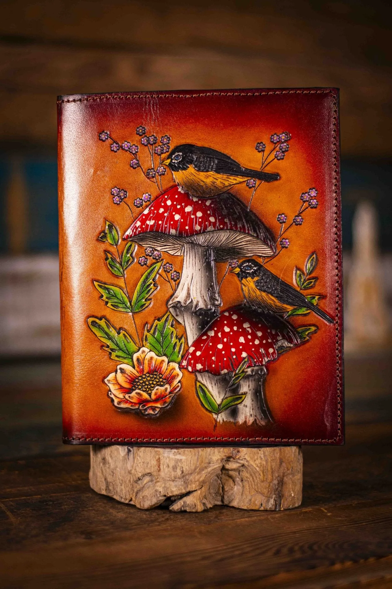 Handcrafted Leather Journal - Amanita Mushrooms and Robin Birds - Brown Background with Unlined Art Paper