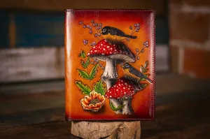 Handcrafted Leather Journal - Amanita Mushrooms and Robin Birds - Brown Background with Unlined Art Paper